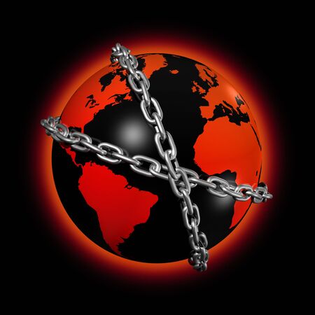 3D icon illustration of a chained world globeの写真素材
