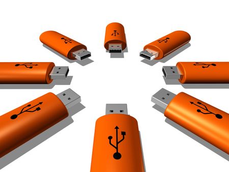 3D orange USB keys isolated on white backgroundの写真素材