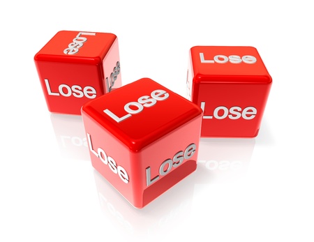 three 3D red dices with lose text on all sidesの写真素材