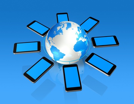 3D isolated mobile phones around a world globeの写真素材