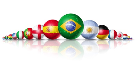 Soccer football balls group with teams flags / brazil soccer world cup 2014 symbol. isolated on whiteの写真素材