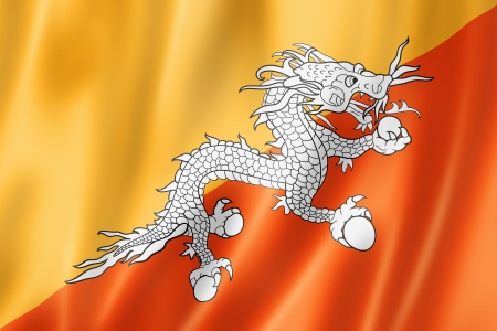 Bhutan flag, three dimensional render, satin textureの写真素材