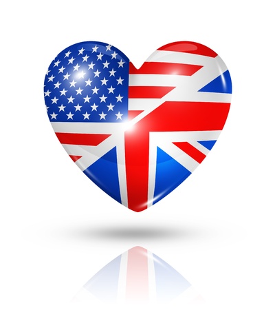 Love USA and UK symbol. 3D heart flag icon isolated on whiteの写真素材