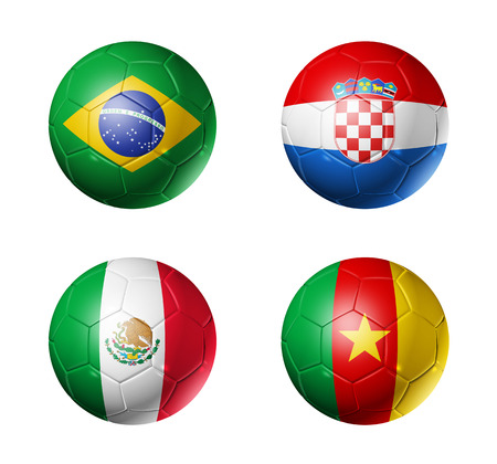 3D soccer balls with group A teams flags, Football world cup Brazil 2014  isolated on whiteの写真素材