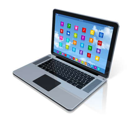 3D Laptop Computer - apps icons interface - isolated on white with clipping pathの写真素材