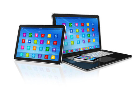 3D Smartphone, Digital Tablet Computer and Laptop isolated on white with clipping pathの写真素材