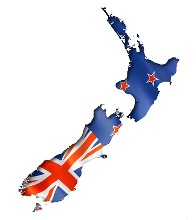 New Zealand flag map, three dimensional render, isolated on whiteの写真素材