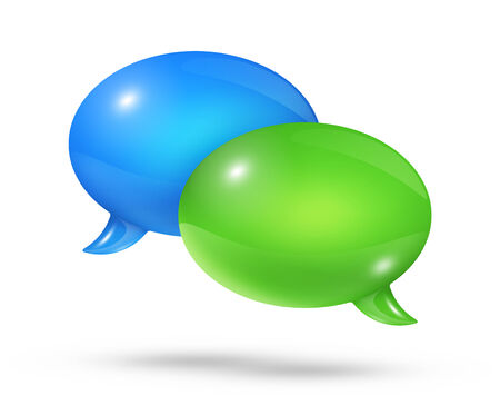 3D blue and green speech bubbles isolated on whiteの写真素材