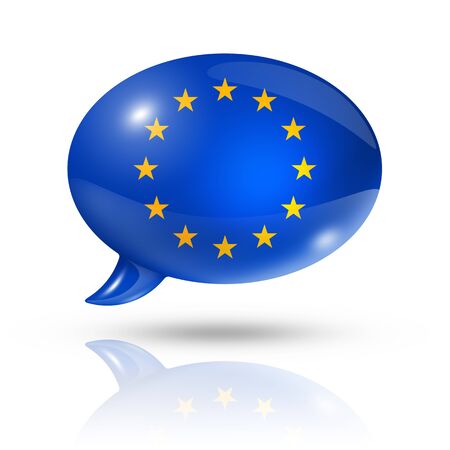 three dimensional European union flag in a speech bubble isolated on whiteの写真素材
