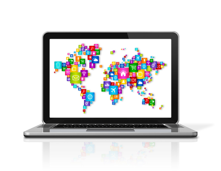 3D Laptop Computer isolated on white with World Cloud Computing conceptの写真素材