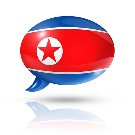 three dimensional North Korea flag in a speech bubble isolated on white with clipping pathの写真素材
