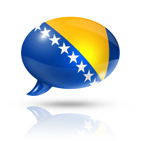 three dimensional Bosnia and Herzegovina flag in a speech bubble isolated on white with clipping pathの写真素材
