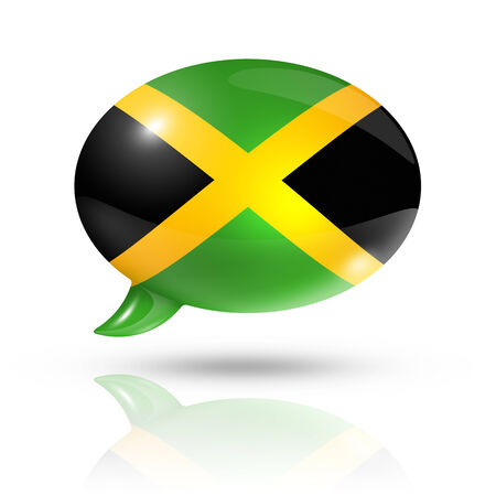 three dimensional Jamaica flag in a speech bubble isolated on white with clipping pathの写真素材