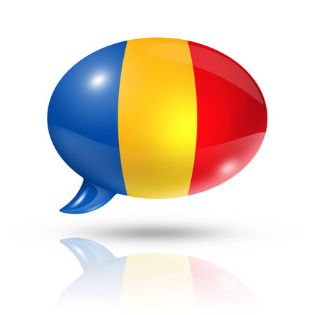 three dimensional Romania flag in a speech bubble isolated on white with clipping pathの写真素材