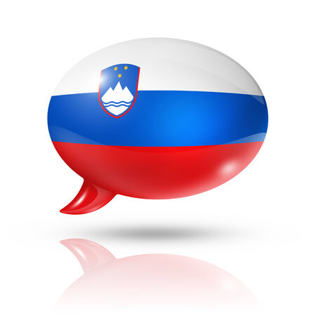 three dimensional Slovenia flag in a speech bubble isolated on white with clipping pathの写真素材