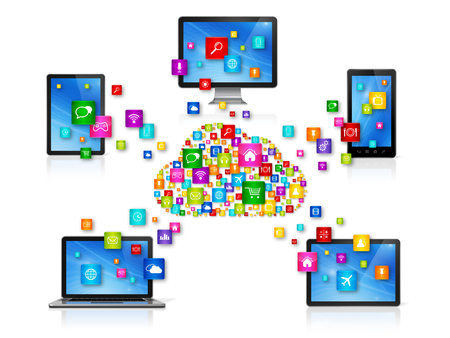 3D Computer devices isolated on white with apps icons. Cloud Computing Network conceptの写真素材