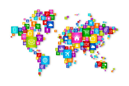 World Map Flying Desktop Icons collection. Cloud Computing conceptの写真素材
