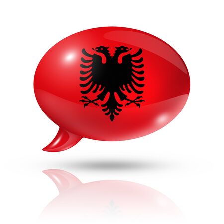 three dimensional Albania flag in a speech bubble isolated on white with clipping pathの写真素材