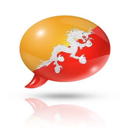 three dimensional Bhutan flag in a speech bubble isolated on white with clipping pathの写真素材