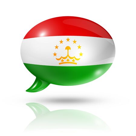 three dimensional Tajikistan flag in a speech bubble isolated on white の写真素材