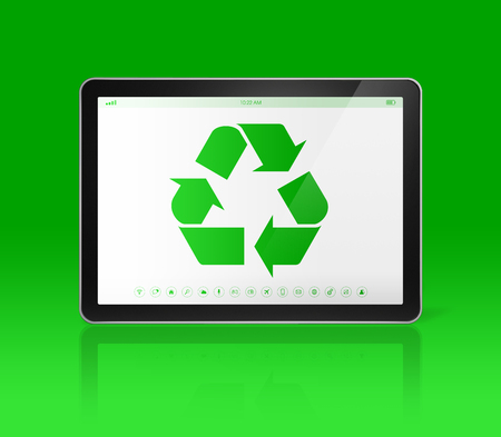 3D Digital tablet PC with a recycling symbol on screen. ecological conceptの写真素材