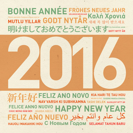 Happy new year from the world. Different languages celebration vintage cardの写真素材
