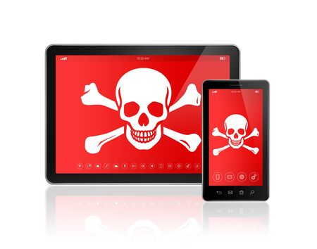 3D Digital tablet PC and smartphone with a pirate symbol on screen. Hacking conceptの写真素材