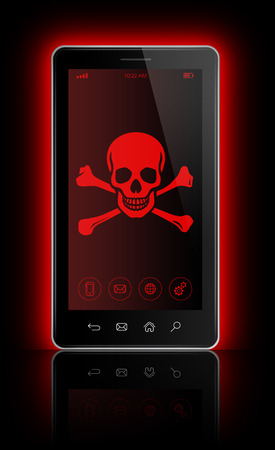 3D smartphone with a pirate symbol on screen. Hacking conceptの写真素材