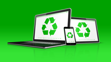 3D Laptop tablet PC and smartphone with a recycle symbol on screen. environmental conservation conceptの写真素材