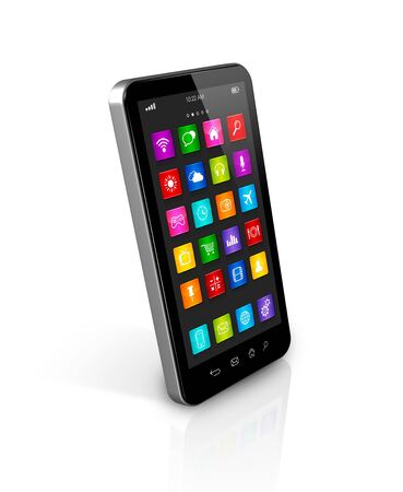 3D smartphone, mobile phone with apps icons interface - isolated on white with clipping pathの写真素材