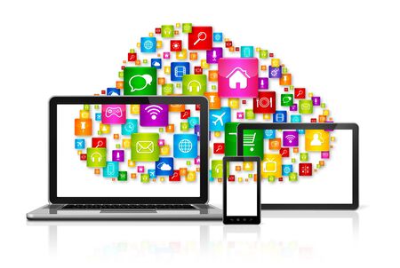 3D Cloud computing symbol on computer setの写真素材