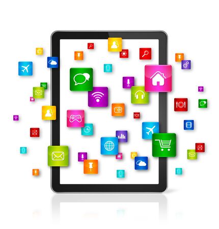 3D Tablet PC with flying apps icons - isolated - front viewの写真素材