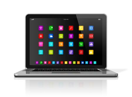3D Laptop Computer with apps icons interface - isolated on white with clipping pathの写真素材
