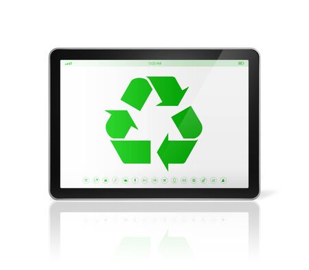 3D Digital tablet PC with a recycle symbol on screen. environmental conservation conceptの写真素材