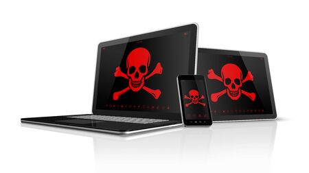 3D Laptop tablet pc and smartphone with pirate symbols on screen. Hacking conceptの写真素材