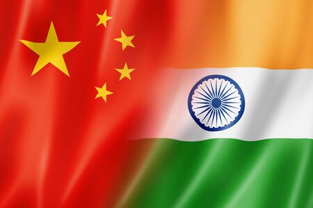 Mixed China and India flag, three dimensional render, illustrationの写真素材