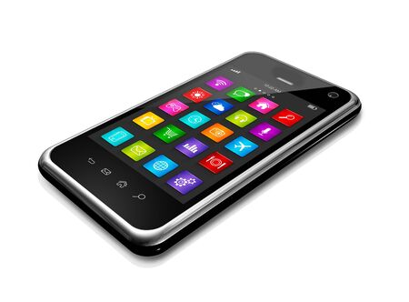 3D mobile phone, mobile phone with apps icons interface - isolated on white with clipping pathの写真素材