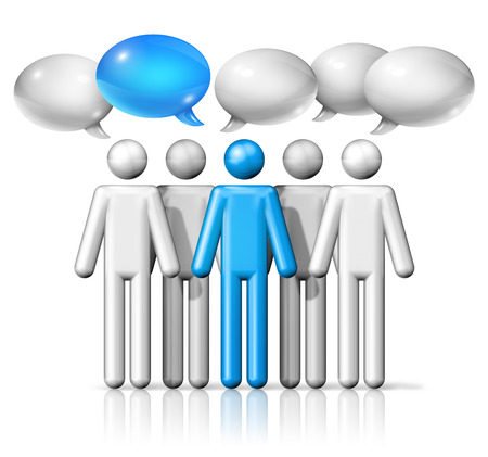 three dimensional group of stick figures people with speech bubbles, communication symbol, white and blueの写真素材