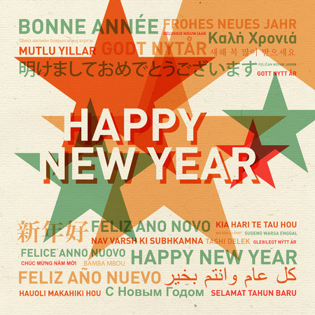 Happy new year from the world. Different languages celebration cardの写真素材