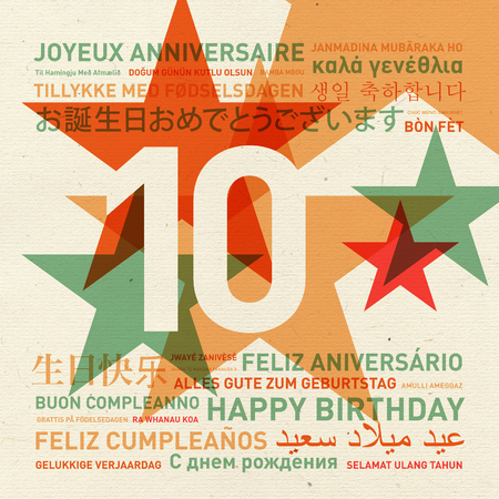 10th anniversary happy birthday from the world. Different languages celebration cardの写真素材