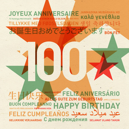 100th anniversary happy birthday from the world. Different languages celebration cardの写真素材
