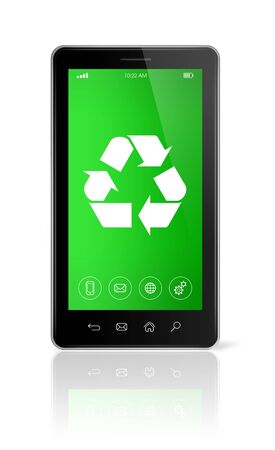 3D Smartphone with a recycling symbol on screen. environmental conservation conceptの写真素材