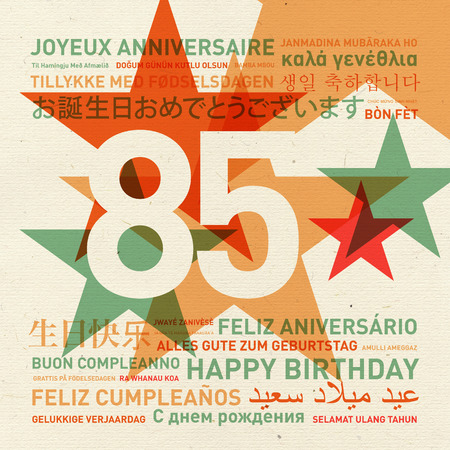 85th anniversary happy birthday from the world. Different languages celebration cardの写真素材