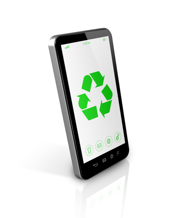 3D Smartphone with a recycle symbol on screen. environmental conservation conceptの写真素材