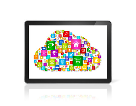 3D Cloud computing symbol in Tablet pc computer - front view - isolated on whiteの写真素材