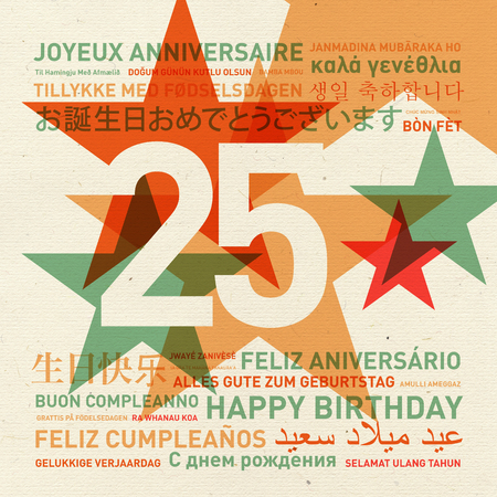 25th anniversary happy birthday from the world. Different languages celebration cardの写真素材