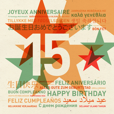 15th anniversary happy birthday from the world. Different languages celebration cardの写真素材