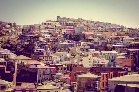 Colorful old houses in valparaiso city, Chileの写真素材