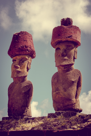 Moais statues site ahu Nao Nao on anakena beach, easter island, Chileの写真素材