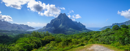 Aerial view of Opunohu, Cookâ??s Bay and lagoon in Moorea Island. French Polynesiaの写真素材